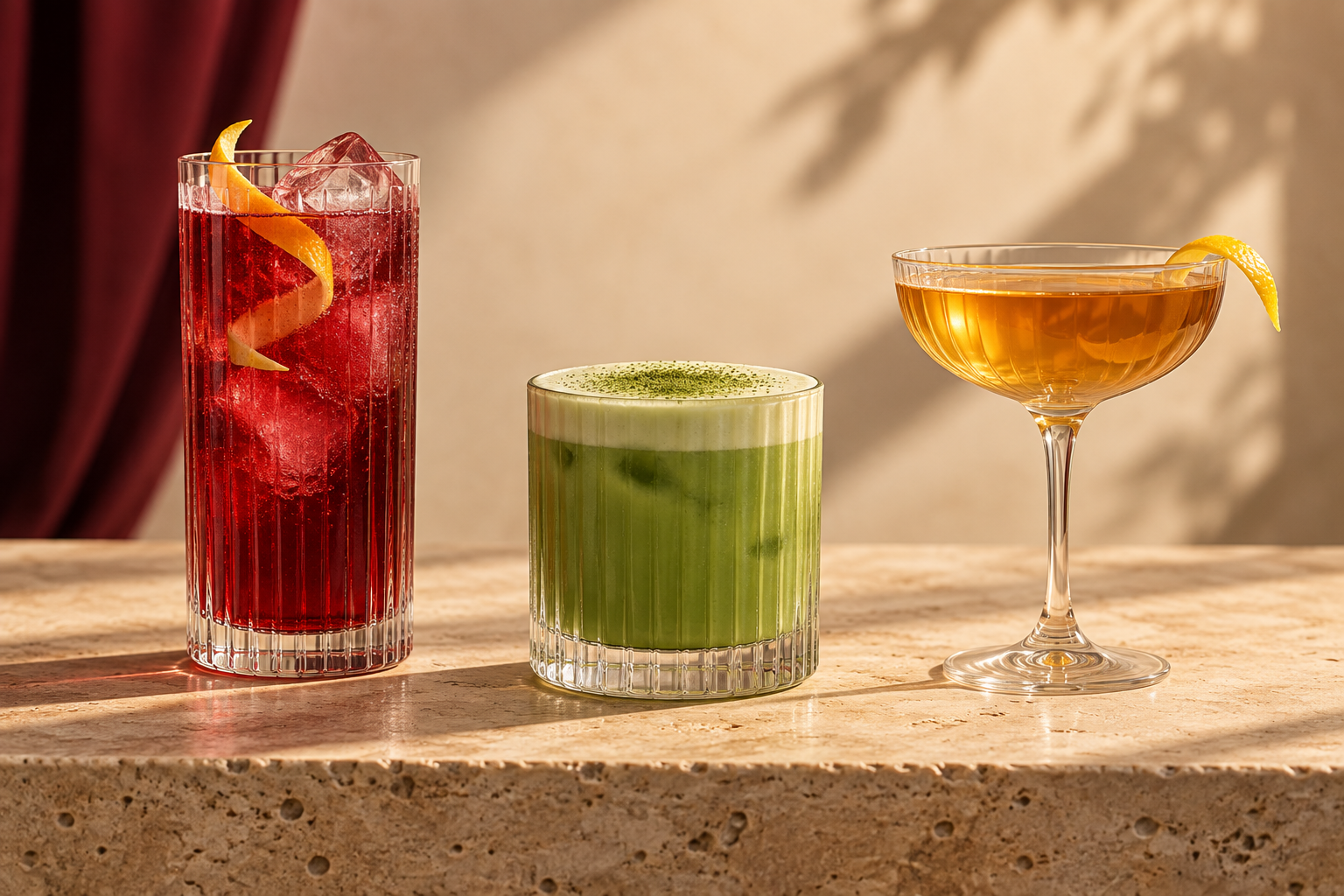 Three drinks in red, green and amber, served in distinctive glassware on travertine